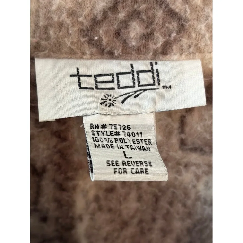 Teddi Vintage Fleece Button Up Cardigan Jacket Taupe Geometric Novelty Print L